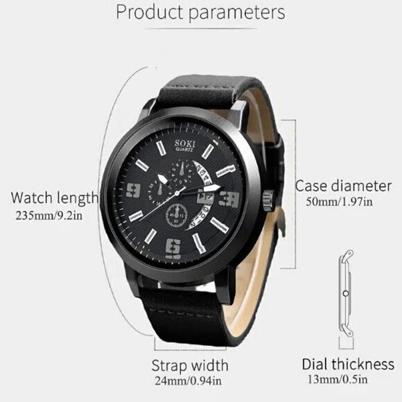 BLACK RED LEATHER QUARTZ STAINLESS STEEL WATCH AND LEATHER BRACELETS - Picture 3 of 3